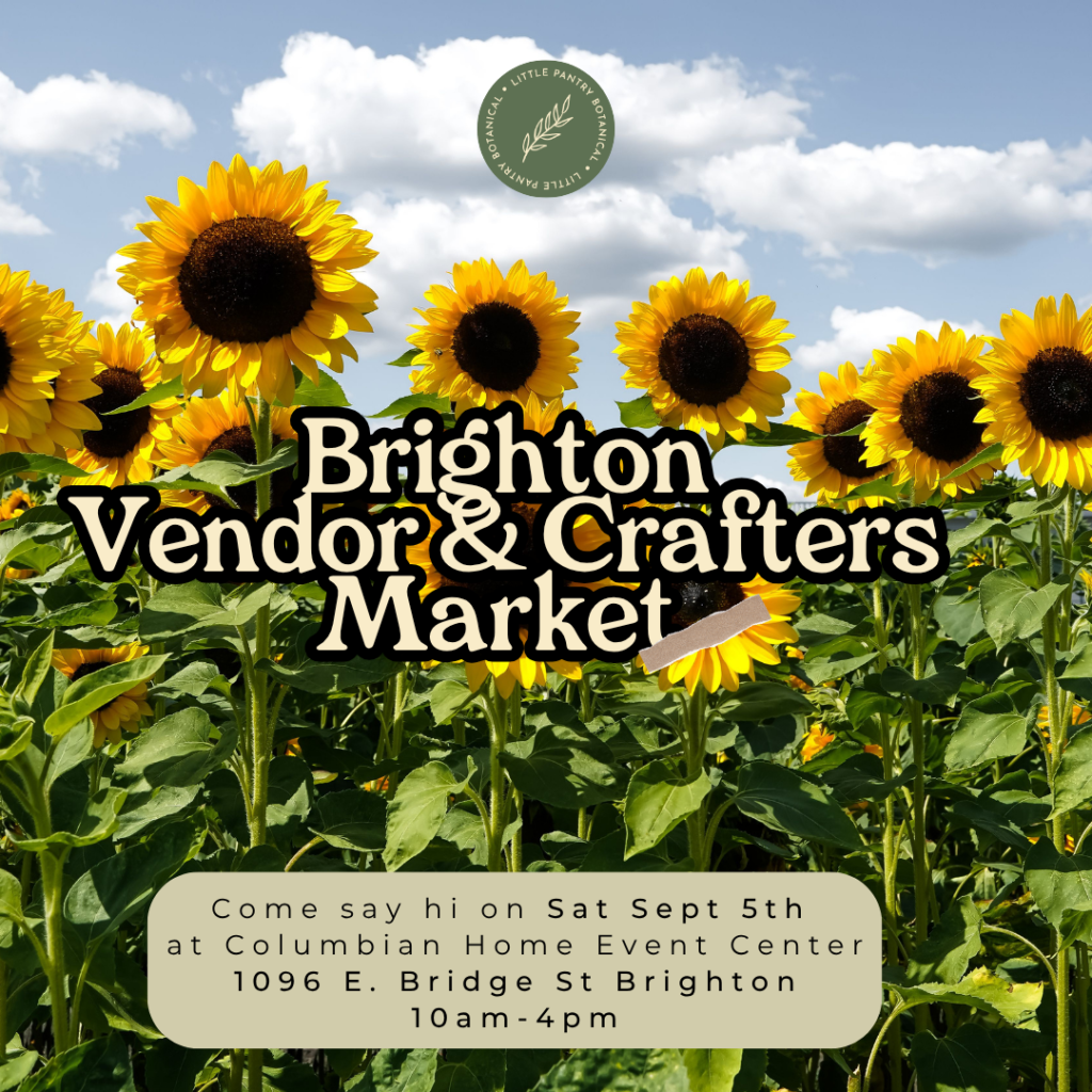 Sunflower field with text overlay brighton vendor & crafters market with a bubble that lists details sept 4th columbian home event center